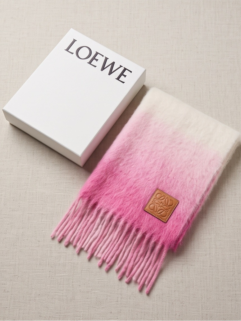 Loewe Pink to Cream Ombre Wool Scarf with Leather Logo Patch